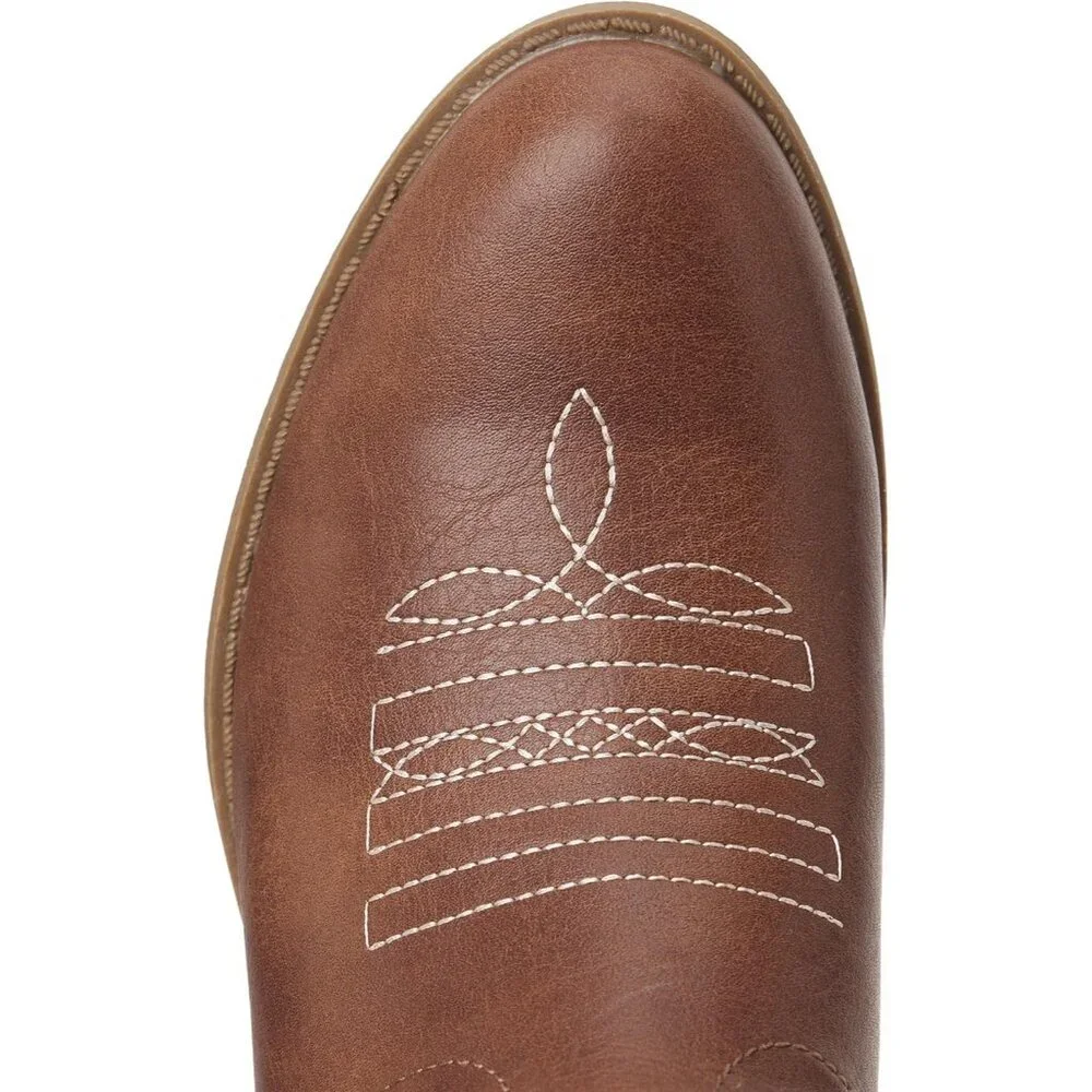 ⚡Kid Brown Polyurethane Cowboy Pointed Toe Mid-Calf Embroidered Side Zipper Boot